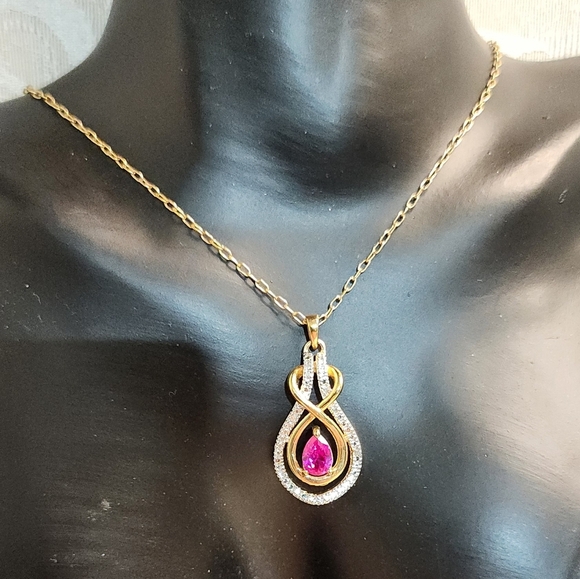 VINTAGE PAJ BB 1980s Gold Plated Pink Crystal Pendant Necklace Signed - Picture 1 of 15
